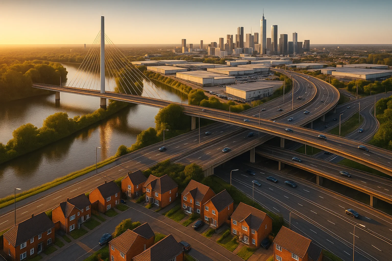 Illustrated landscape of roads, bridge, housing and industrial infrastructure
